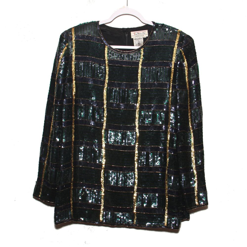 Vintage Talbots Plaid Sequin Beaded Cocktail Top Size Large